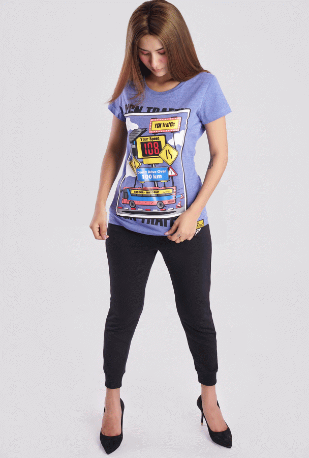 Highway Express Design Printed Girl Y-shirt(Blue)